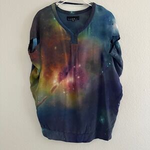 b + a b Silk Galaxy Blouse Womens M Multicolor Space Nebula Short Sleeve Tunic